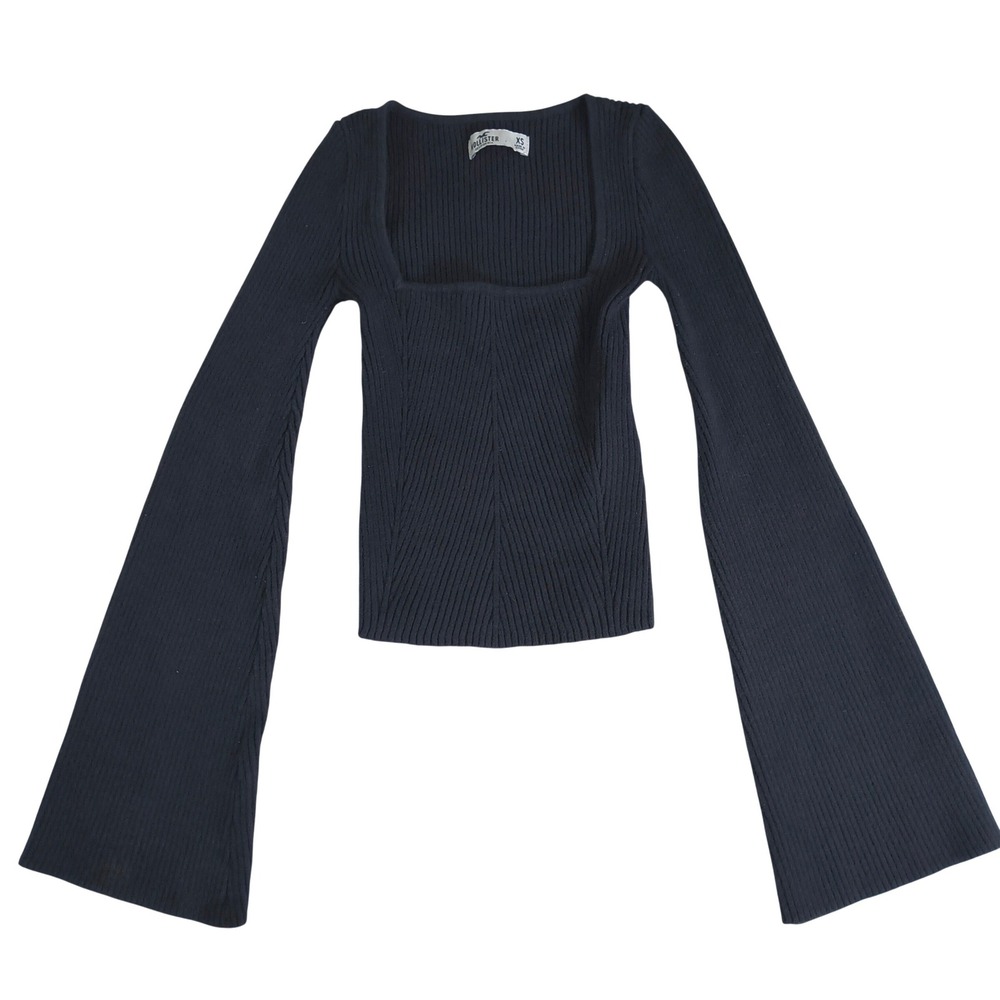 Hollister‎ Women Navy Blue Ribbed Square Neck Bell Sleeve Knit Top XS Slim Fit